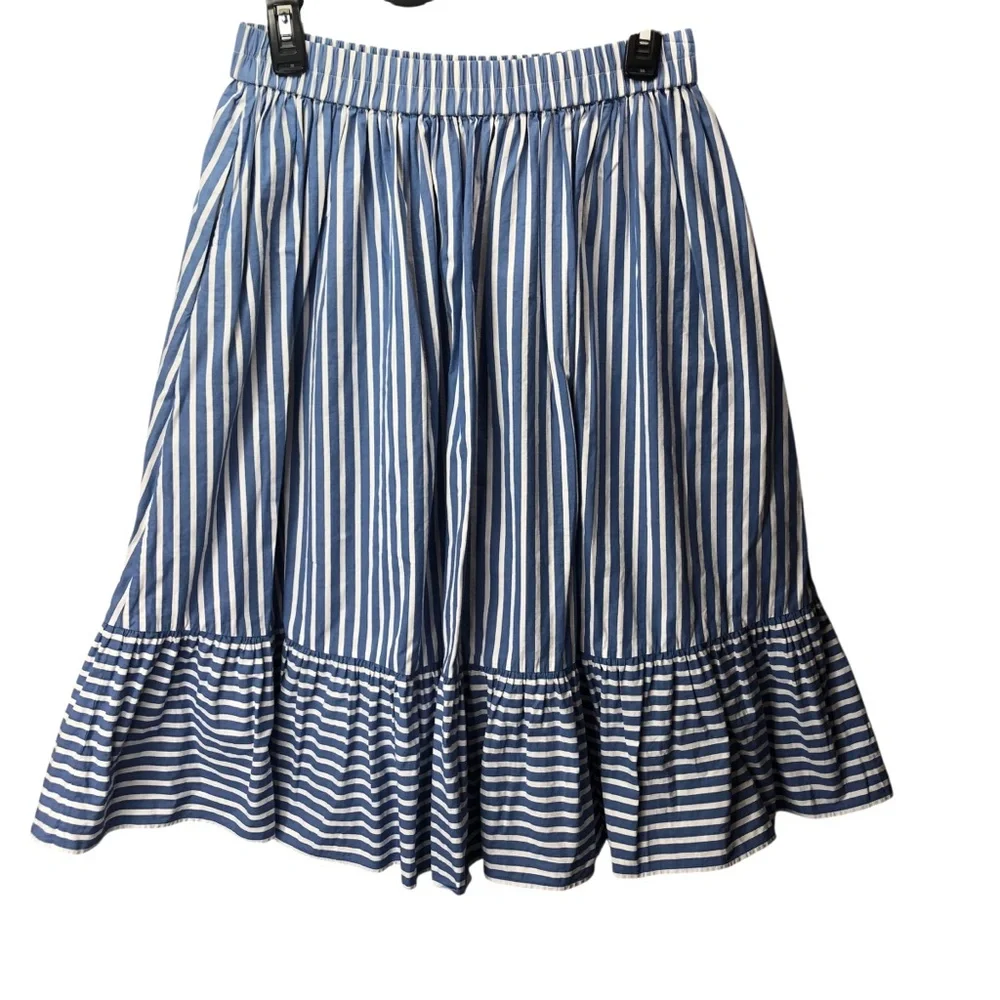 Kate Spade Striped Cotton Skirt Sz S Full Midi Ruffled Hem Coastal Summer Preppy - Picture 2 of 10
